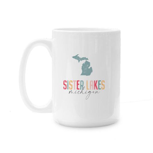 15oz Coffee Mug White-Watercolor City Sister Lakes Michigan -0