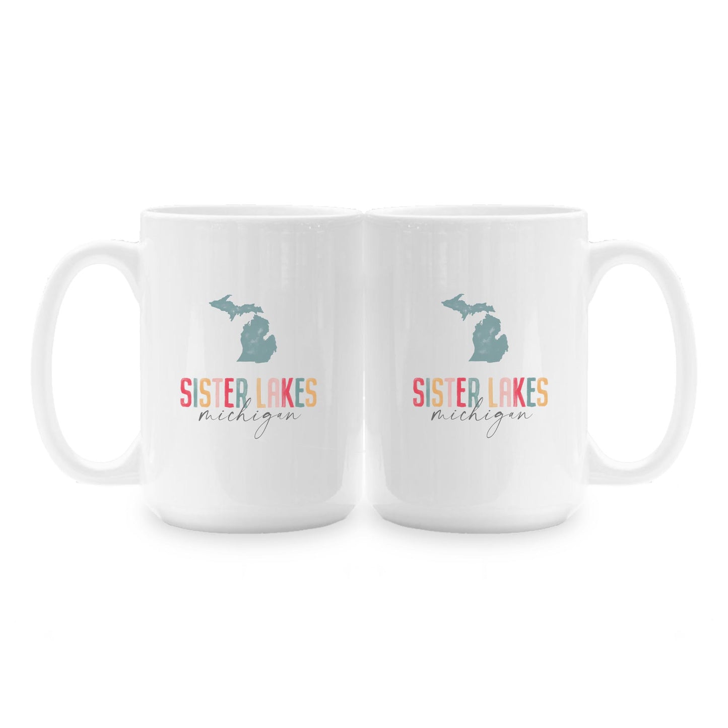 15oz Coffee Mug White-Watercolor City Sister Lakes Michigan -1