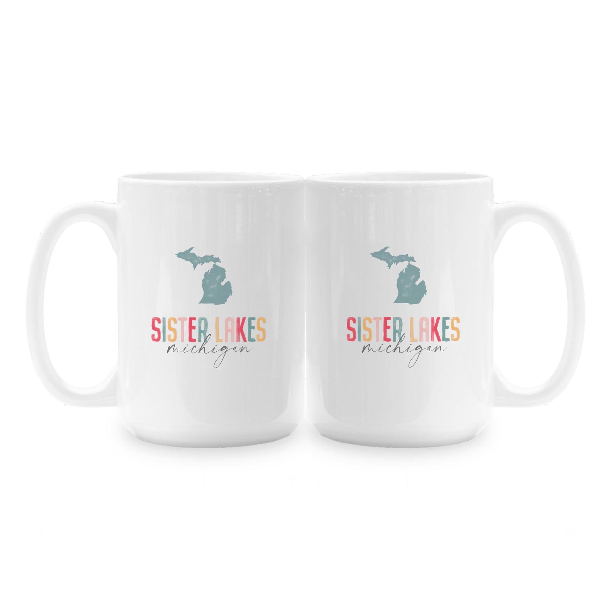 15oz Coffee Mug White-Watercolor City Sister Lakes Michigan -1