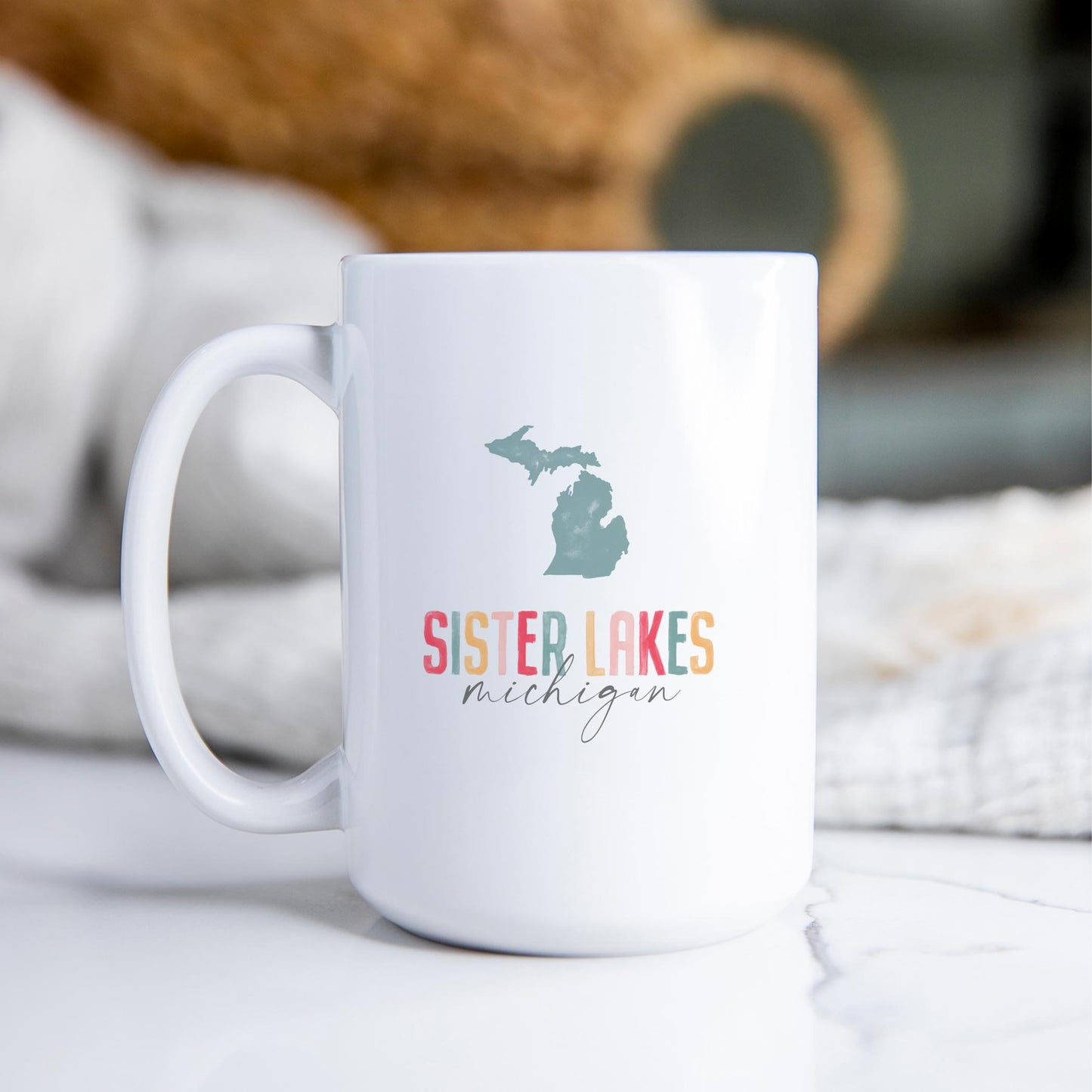 15oz Coffee Mug White-Watercolor City Sister Lakes Michigan -2