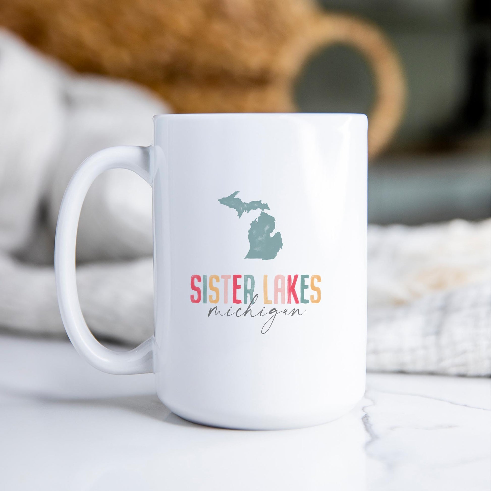 15oz Coffee Mug White-Watercolor City Sister Lakes Michigan -2