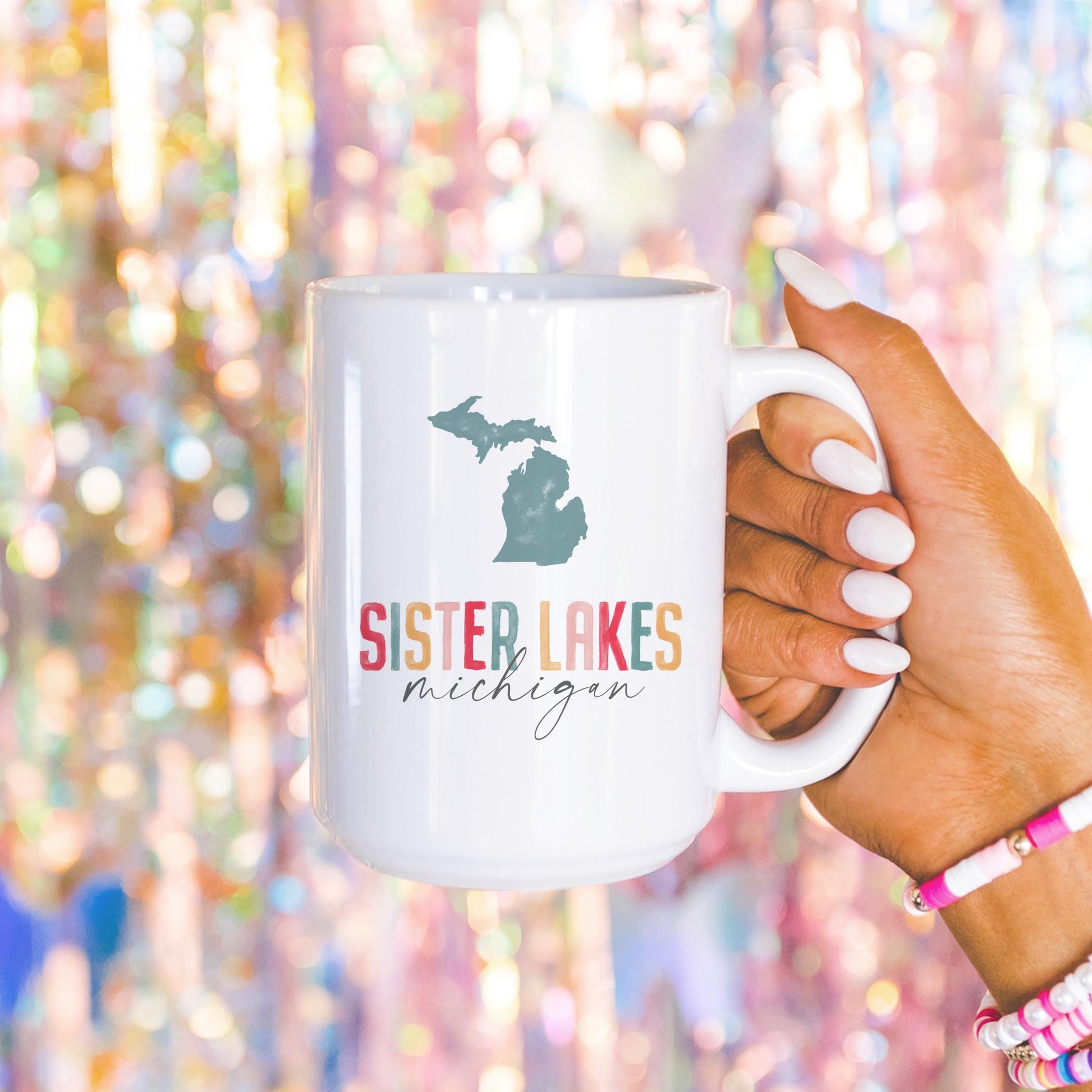 15oz Coffee Mug White-Watercolor City Sister Lakes Michigan -4