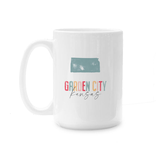 15oz Coffee Mug White-Watercolor City Garden City Kansas -0