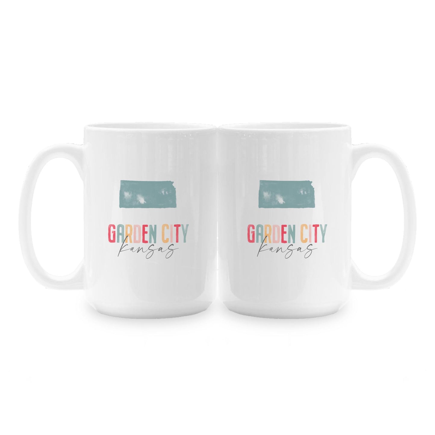 15oz Coffee Mug White-Watercolor City Garden City Kansas -1