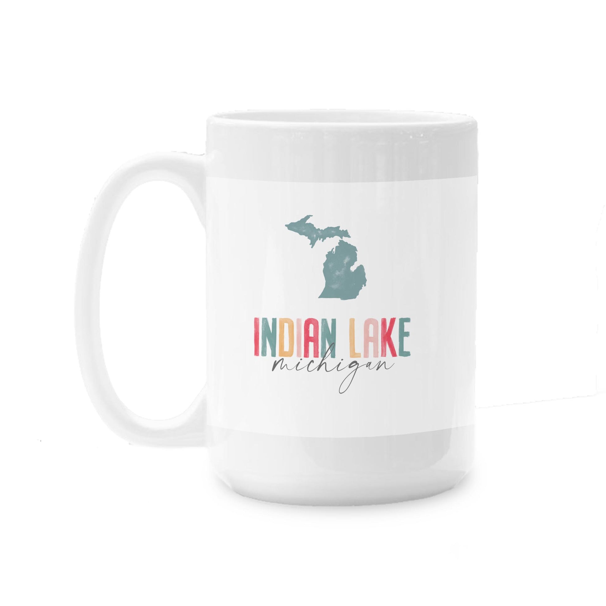15oz Coffee Mug White-Watercolor City Indian Lake Michigan -0