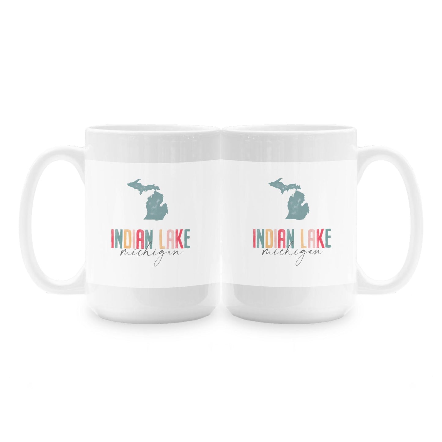 15oz Coffee Mug White-Watercolor City Indian Lake Michigan -1