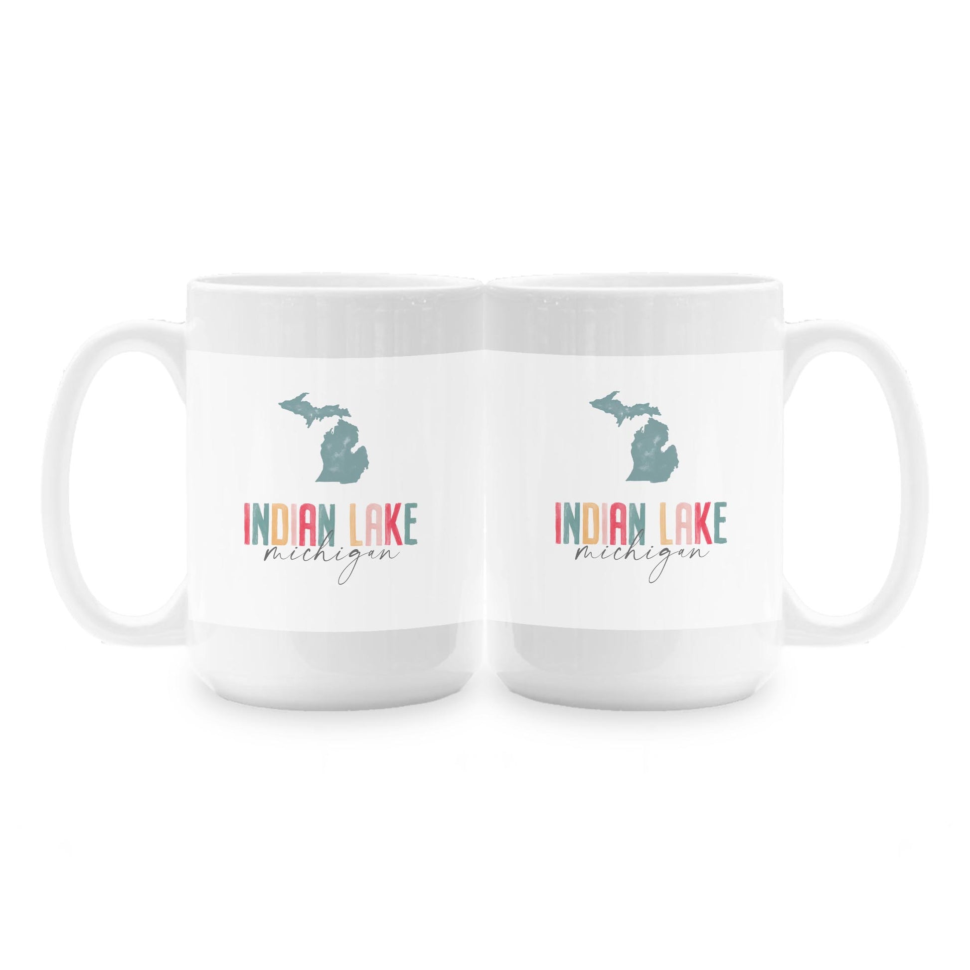 15oz Coffee Mug White-Watercolor City Indian Lake Michigan -1