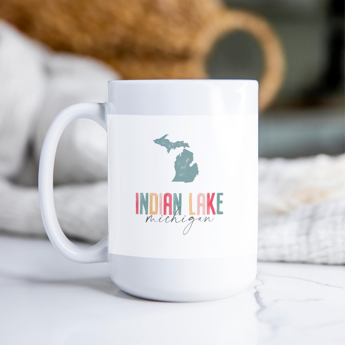 15oz Coffee Mug White-Watercolor City Indian Lake Michigan -2