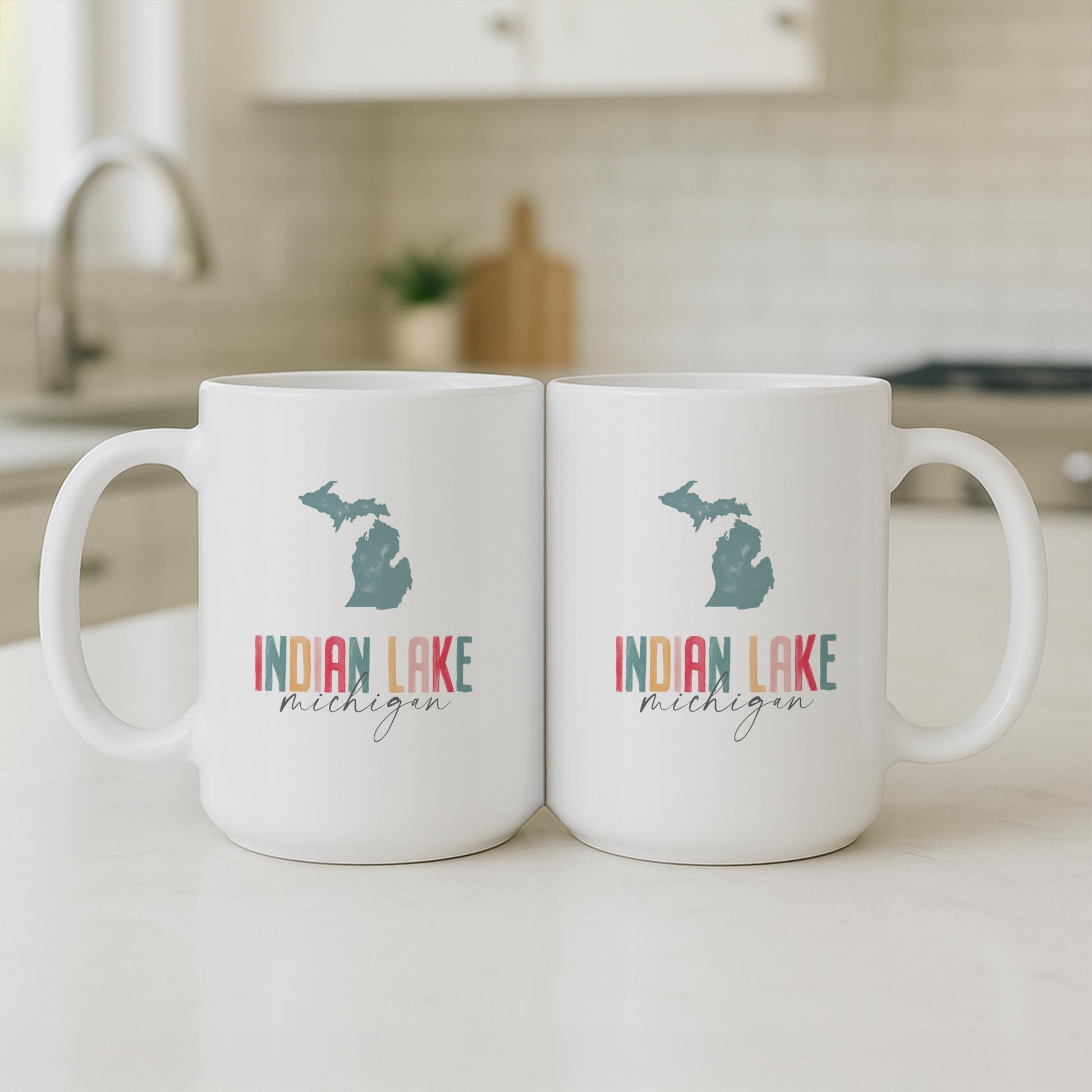 15oz Coffee Mug White-Watercolor City Indian Lake Michigan -3