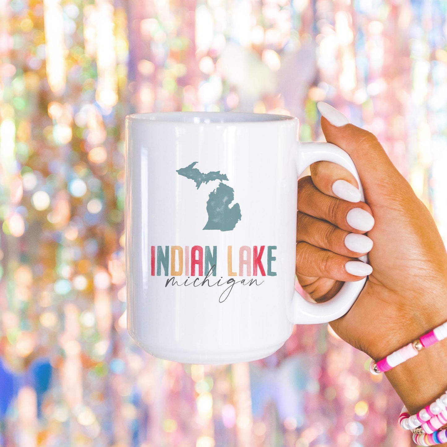15oz Coffee Mug White-Watercolor City Indian Lake Michigan -4