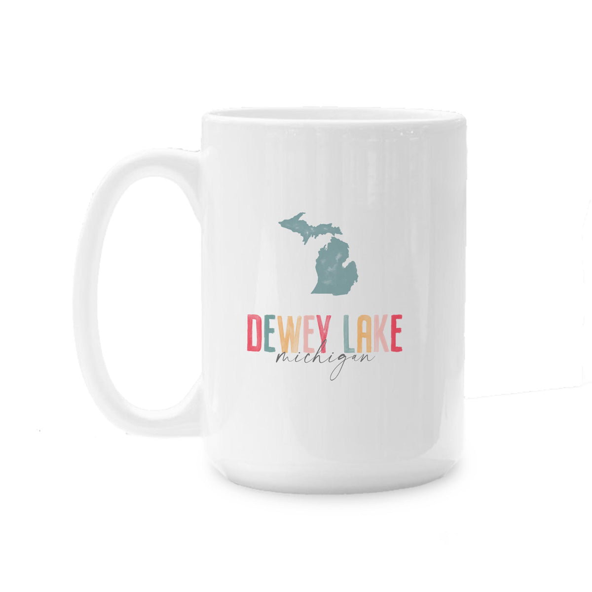 15oz Coffee Mug White-Watercolor City Dewey Lake Michigan -0