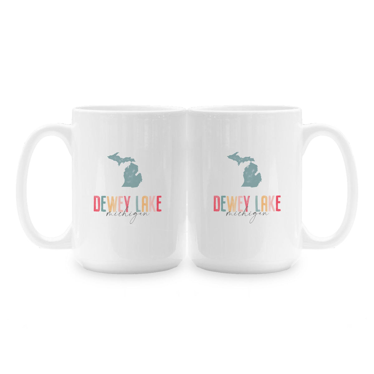 15oz Coffee Mug White-Watercolor City Dewey Lake Michigan -1
