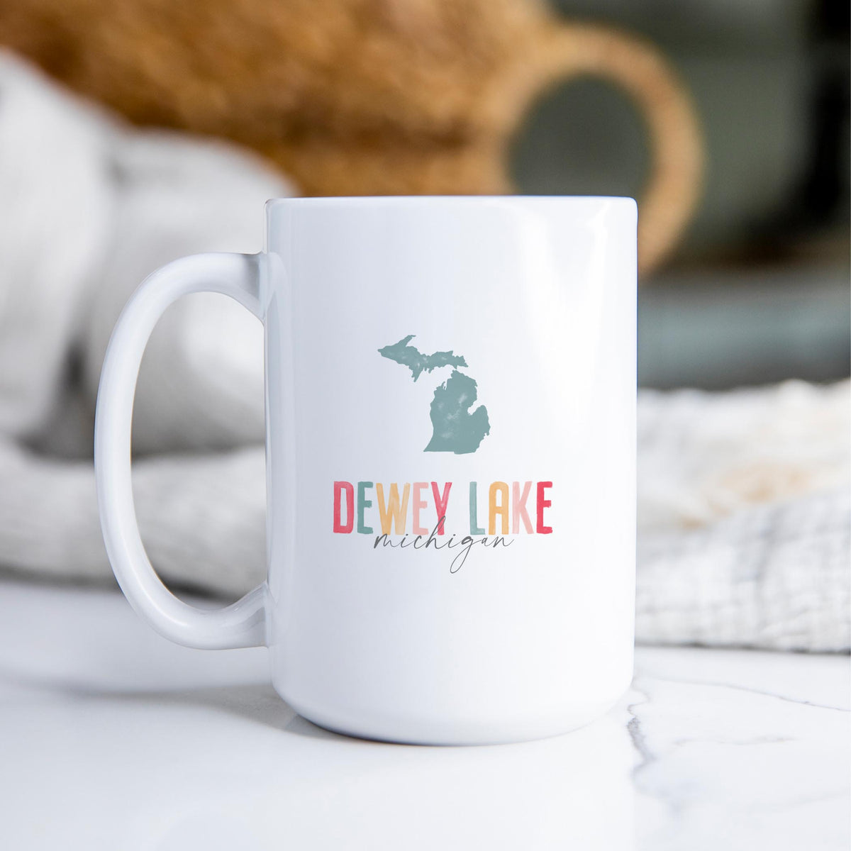 15oz Coffee Mug White-Watercolor City Dewey Lake Michigan -2
