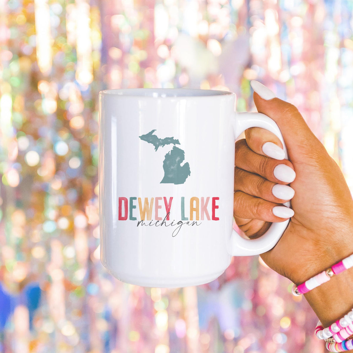 15oz Coffee Mug White-Watercolor City Dewey Lake Michigan -4
