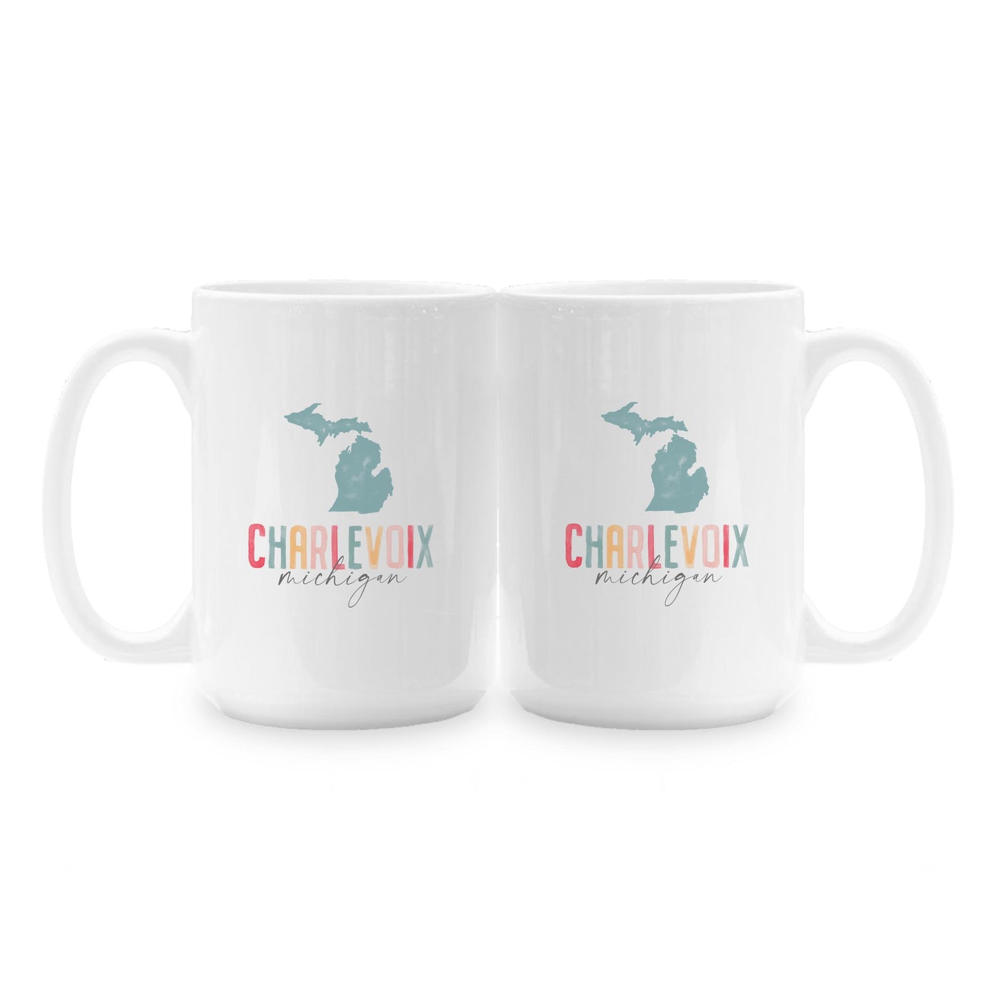 15oz Coffee Mug White-Watercolor City Charlevoix Michigan -1