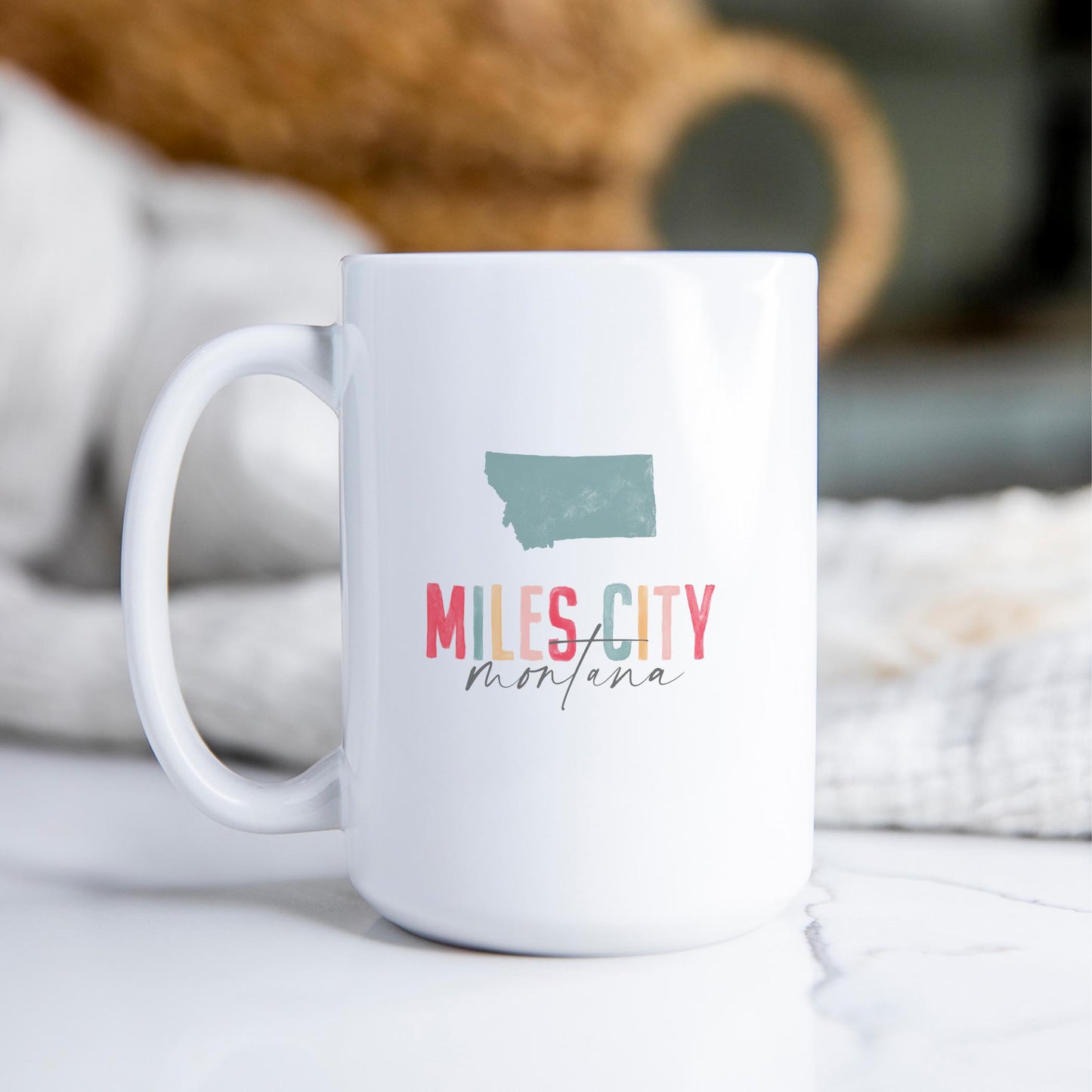 15oz Coffee Mug White-Watercolor City Miles City Montana -2