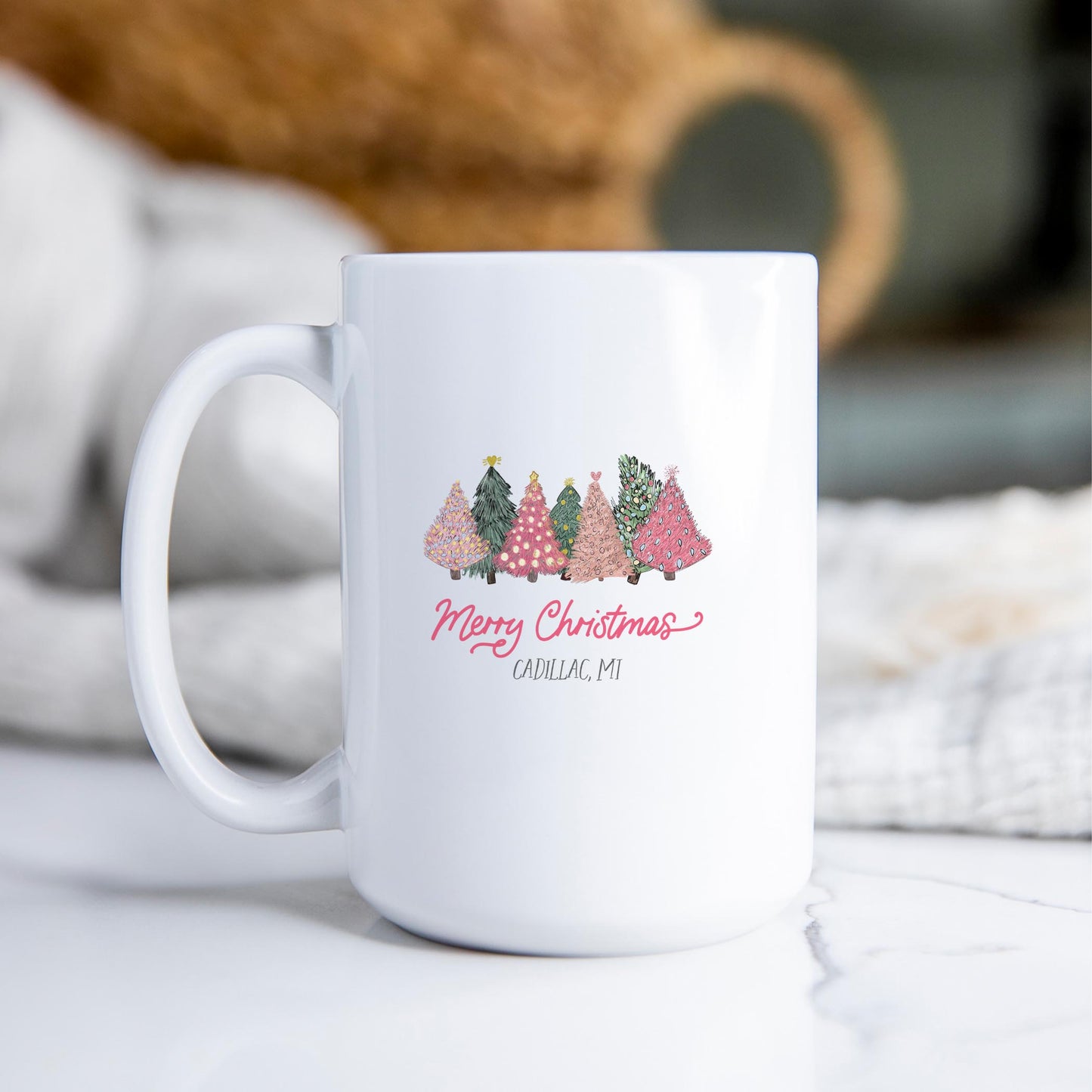 15oz Coffee Mug White-Pink Trees Cadillac Michigan -2
