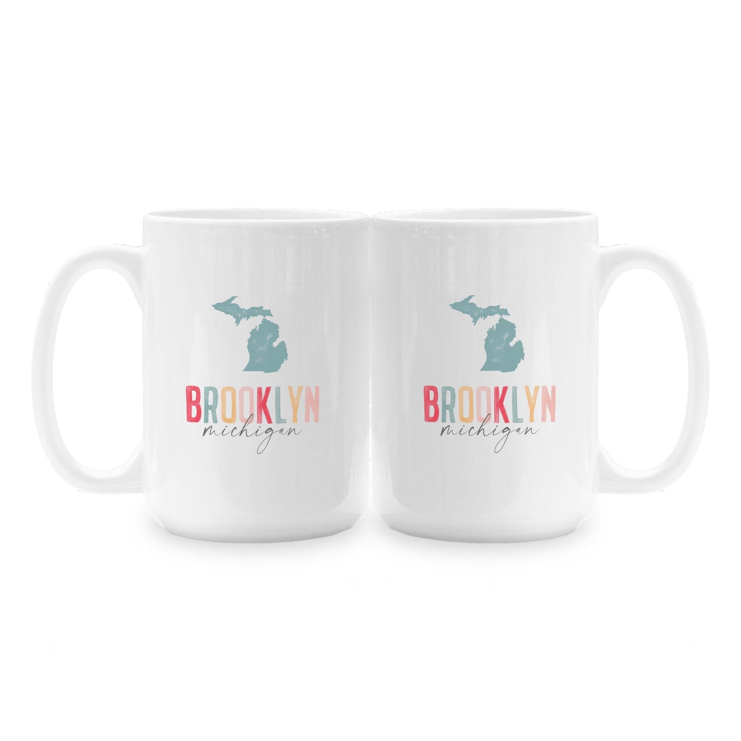 15oz Coffee Mug White-Watercolor City Brooklyn Michigan -1