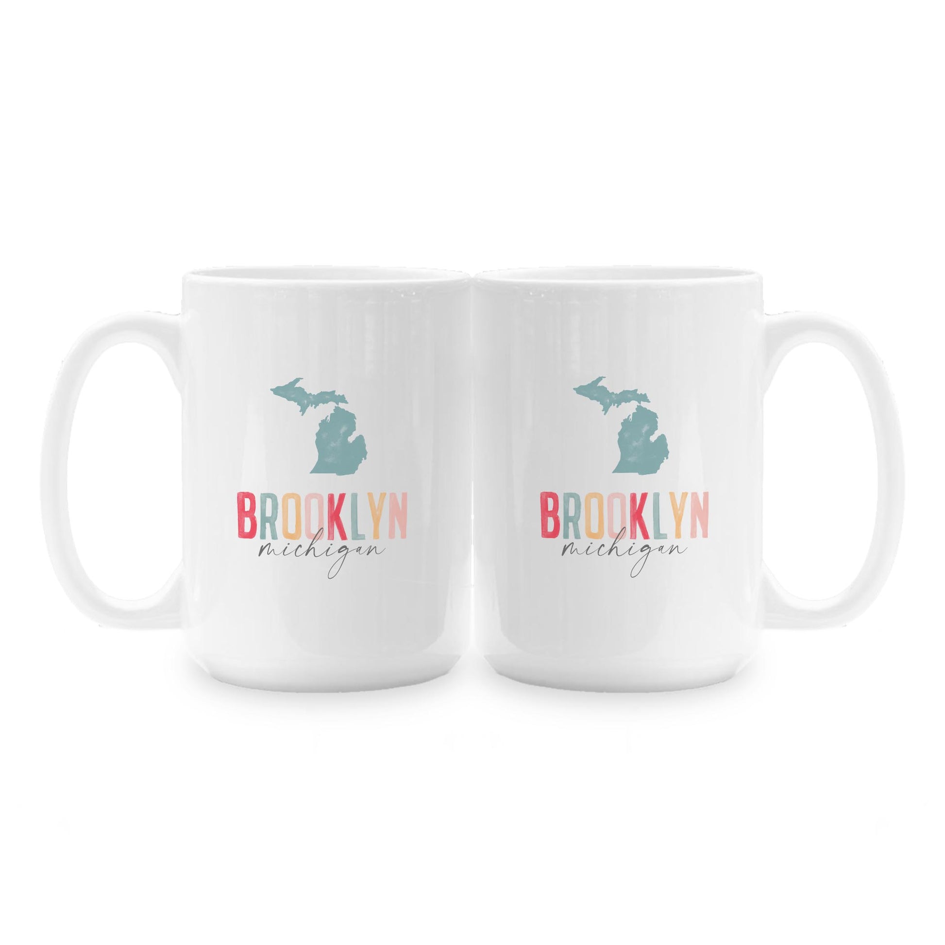 15oz Coffee Mug White-Watercolor City Brooklyn Michigan -1