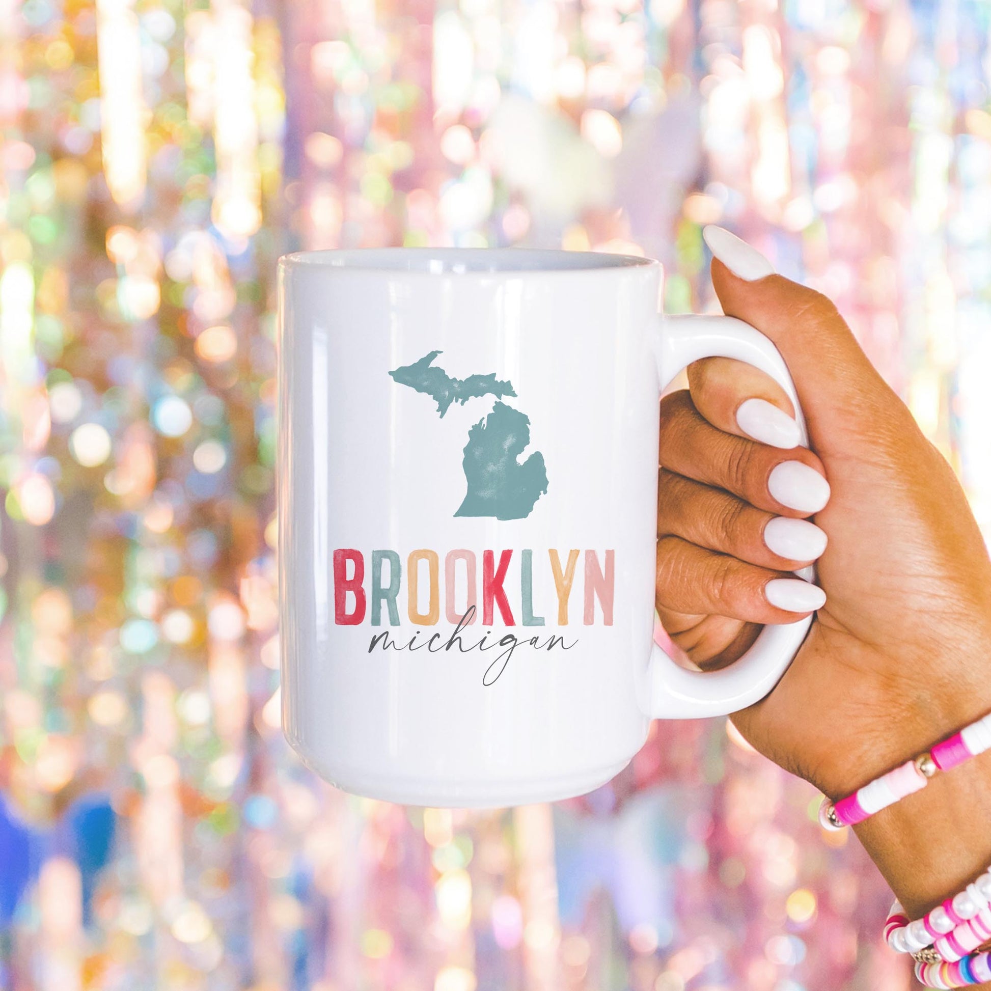15oz Coffee Mug White-Watercolor City Brooklyn Michigan -4