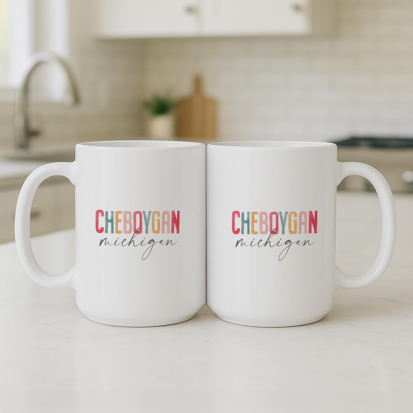 15oz Coffee Mug White-Watercolor City Cheboygan Michigan -3