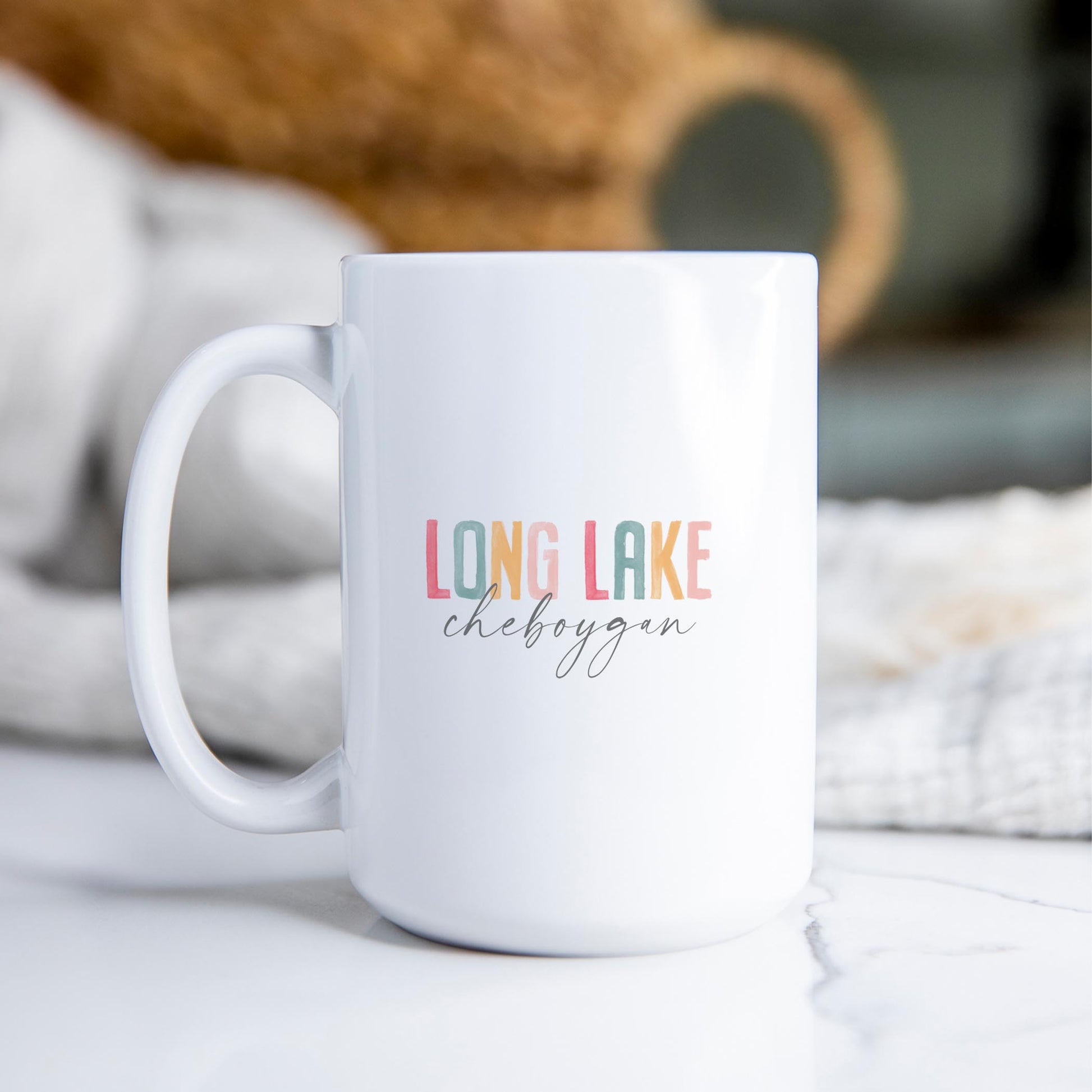 15oz Coffee Mug White-Watercolor City Long Lake Cheboygan -2