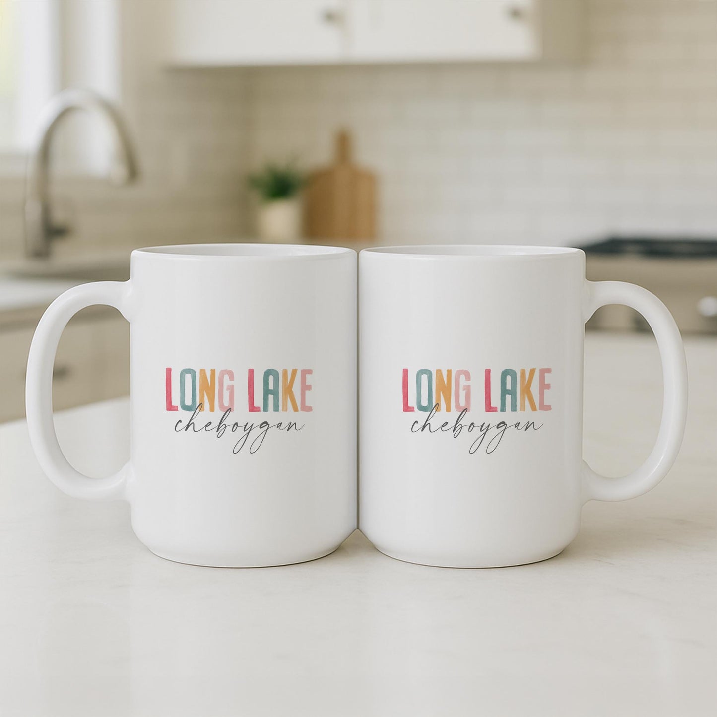 15oz Coffee Mug White-Watercolor City Long Lake Cheboygan -3
