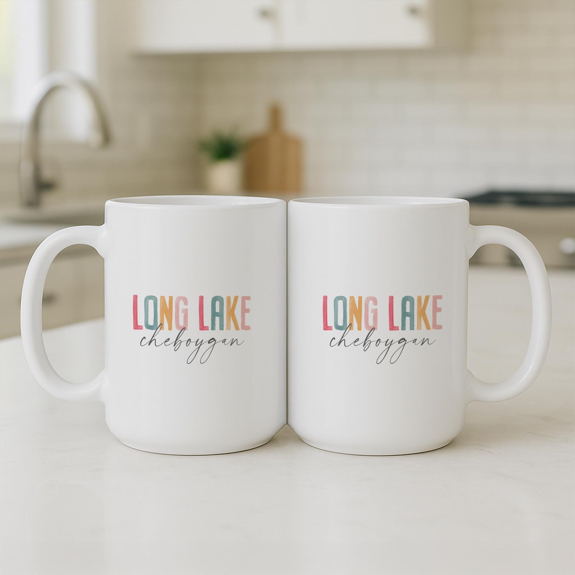 15oz Coffee Mug White-Watercolor City Long Lake Cheboygan -3