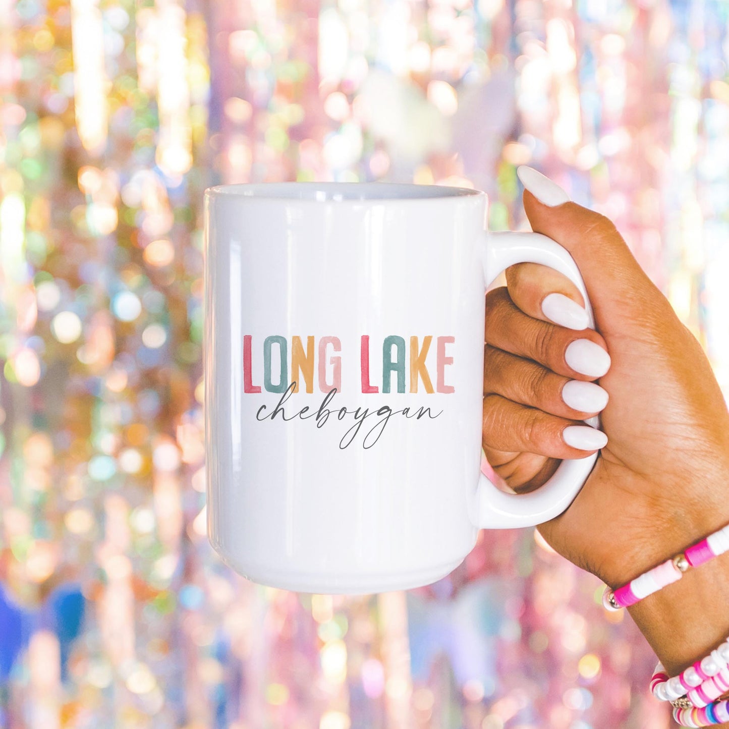 15oz Coffee Mug White-Watercolor City Long Lake Cheboygan -4