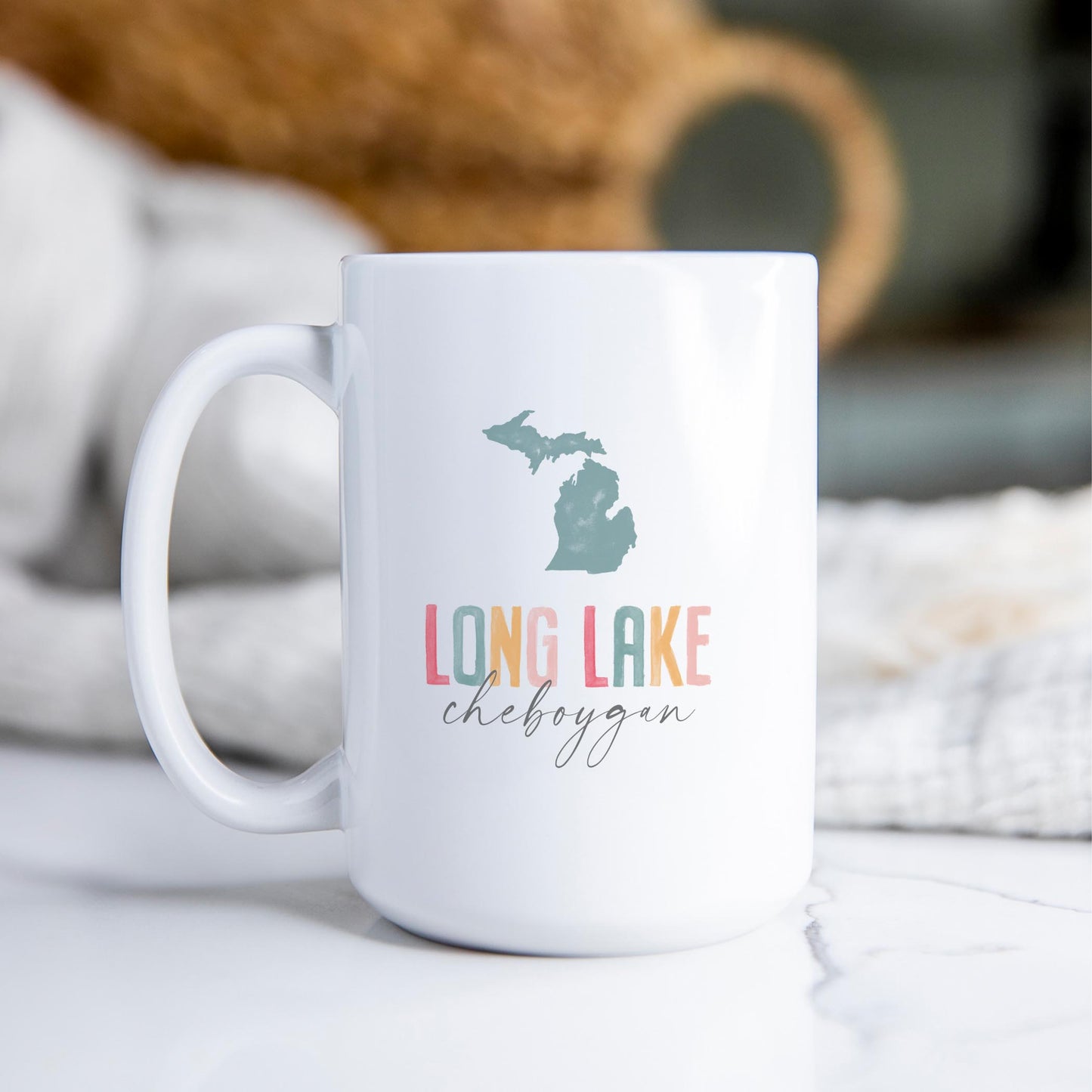 15oz Coffee Mug White-Watercolor City Long Lake Cheboygan Michigan -2