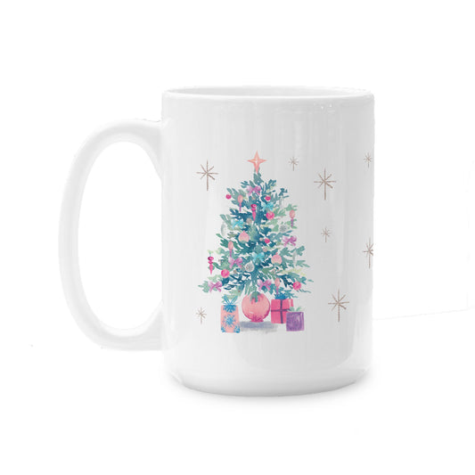15oz Coffee Mug White-Watercolor Sugar Plum Christmas Tree -0
