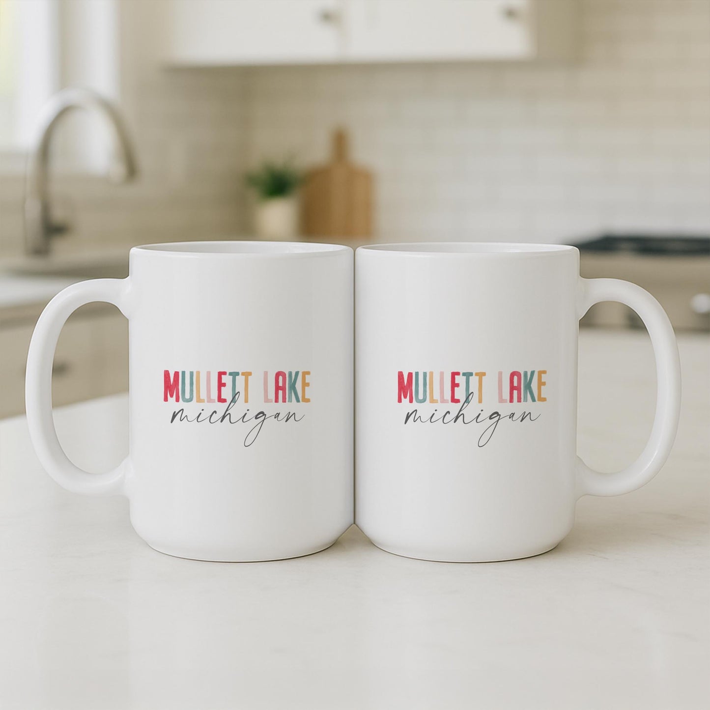 15oz Coffee Mug White-Watercolor City Mullett Lake Michigan  -3