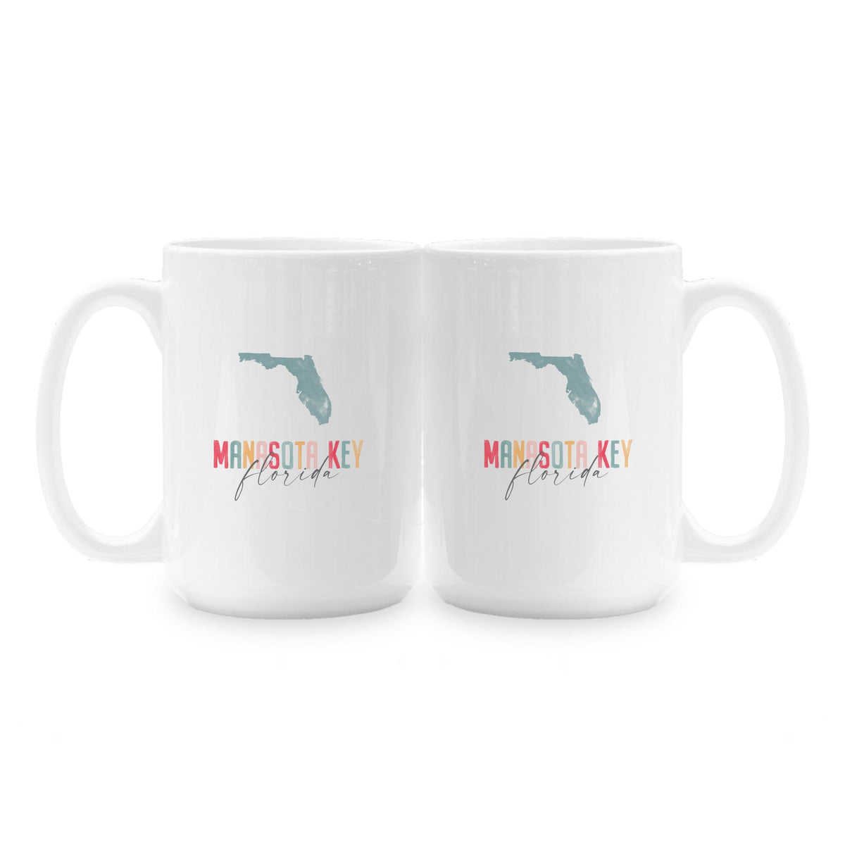 15oz Coffee Mug White-Watercolor City Manasota Key Florida -1