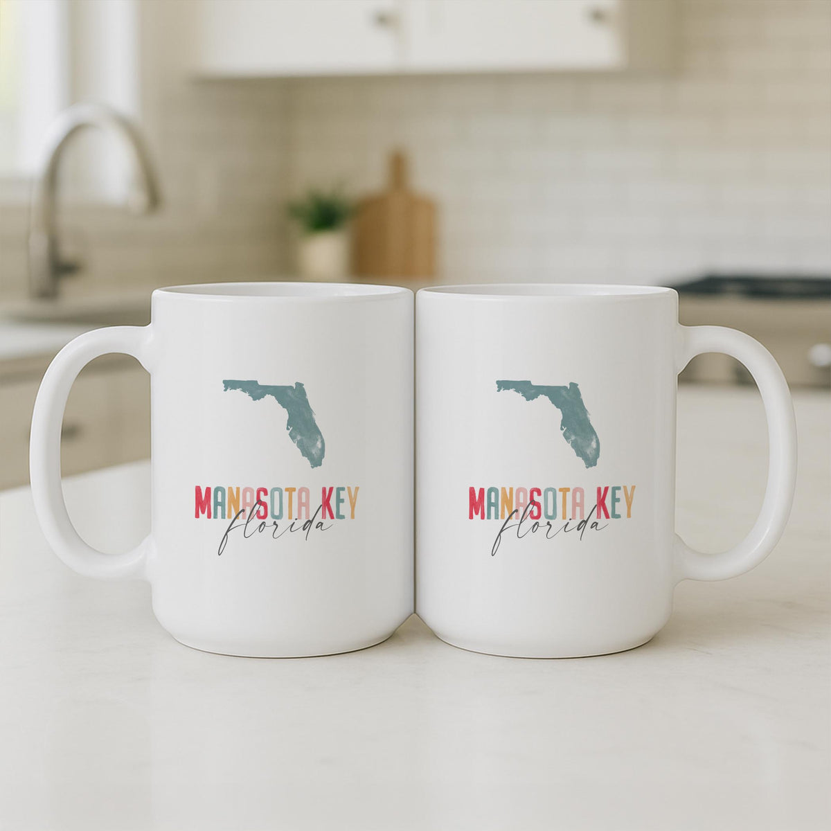 15oz Coffee Mug White-Watercolor City Manasota Key Florida -3