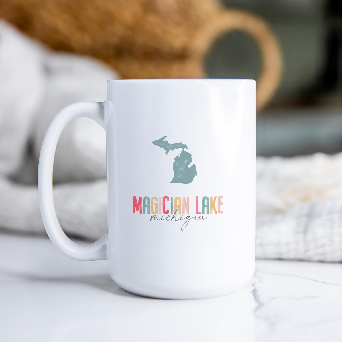 15oz Coffee Mug White-Watercolor City Magician Lake Michigan -2
