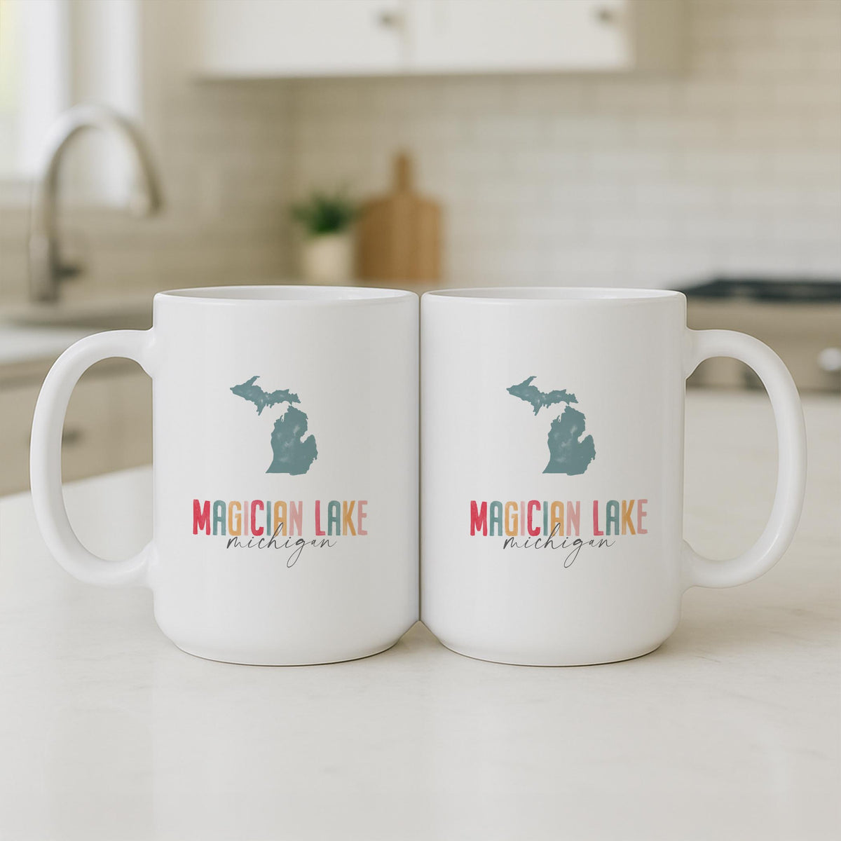 15oz Coffee Mug White-Watercolor City Magician Lake Michigan -3