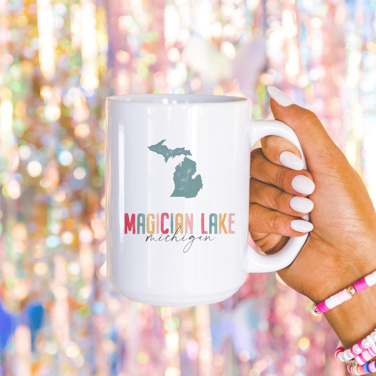 15oz Coffee Mug White-Watercolor City Magician Lake Michigan -4