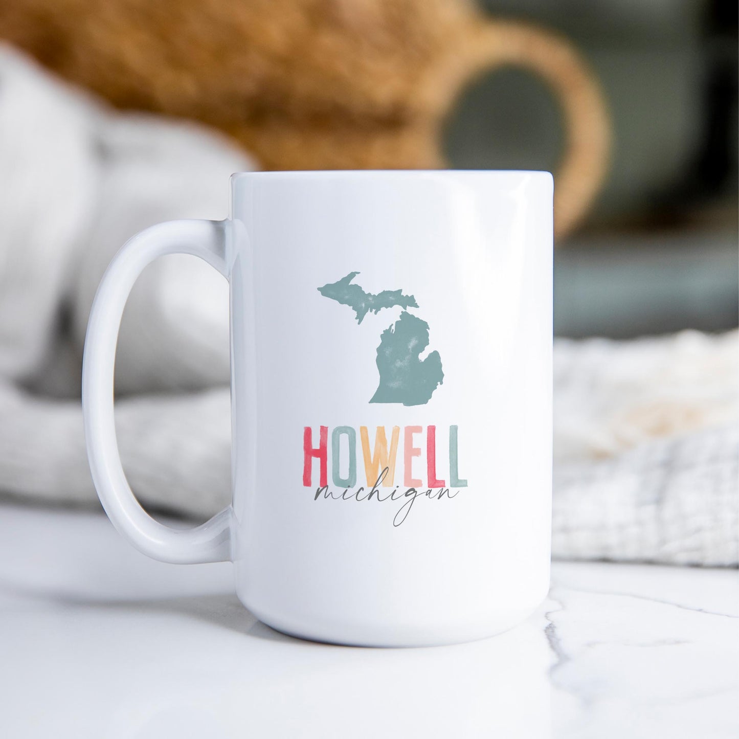15oz Coffee Mug White-Watercolor City Howell Michigan -2