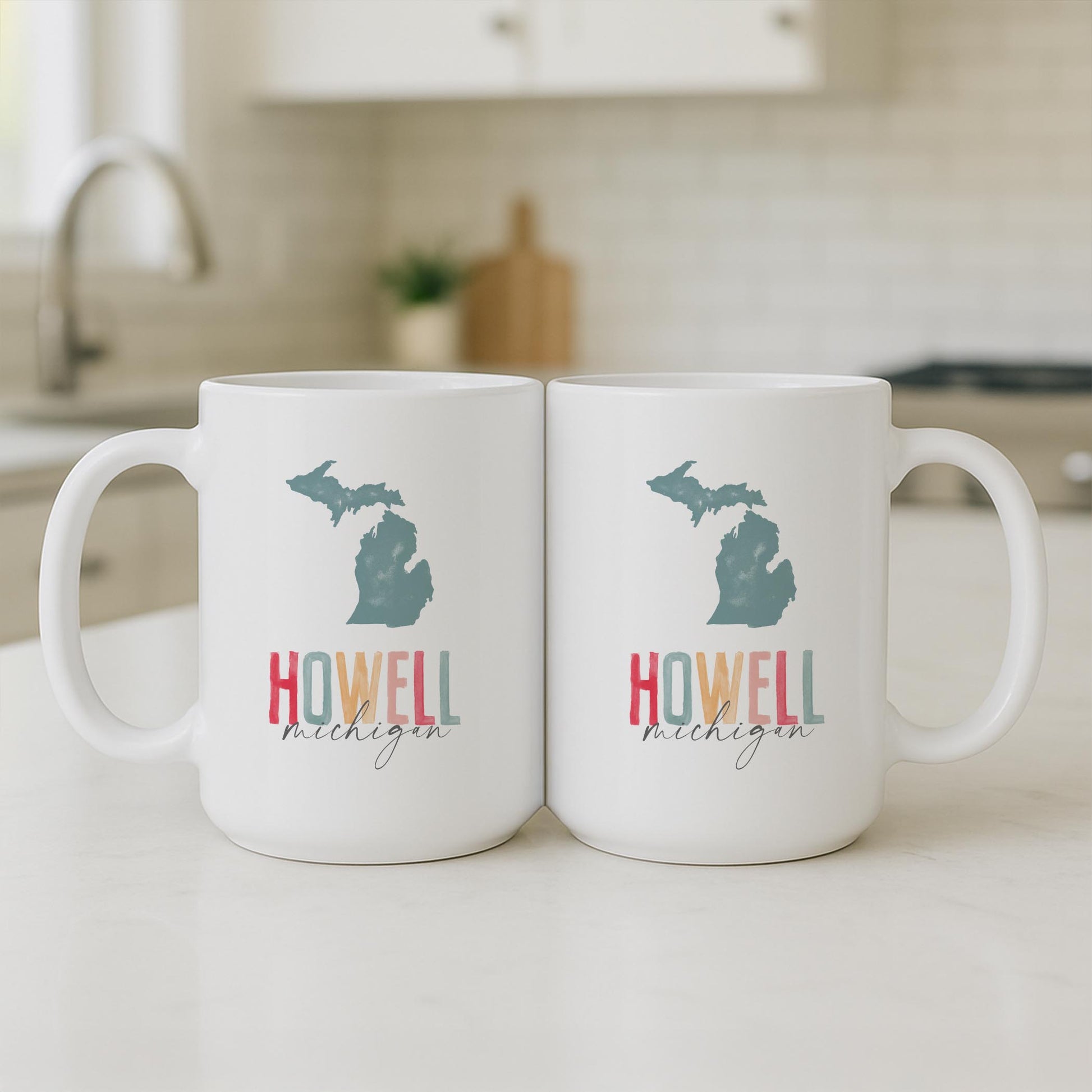 15oz Coffee Mug White-Watercolor City Howell Michigan -3