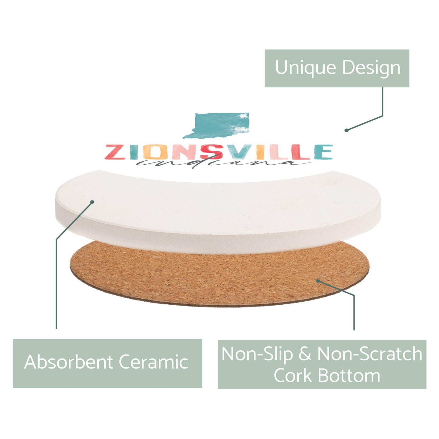 Ceramic Round Coaster-Watercolor City Zionsville Indiana -2