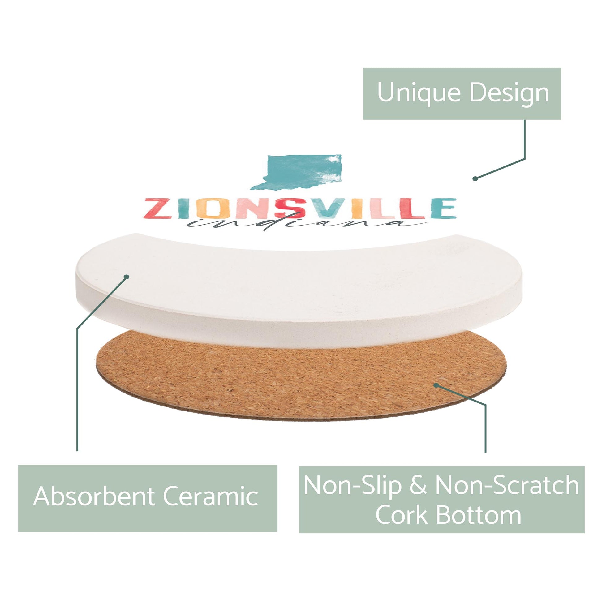 Ceramic Round Coaster-Watercolor City Zionsville Indiana -2