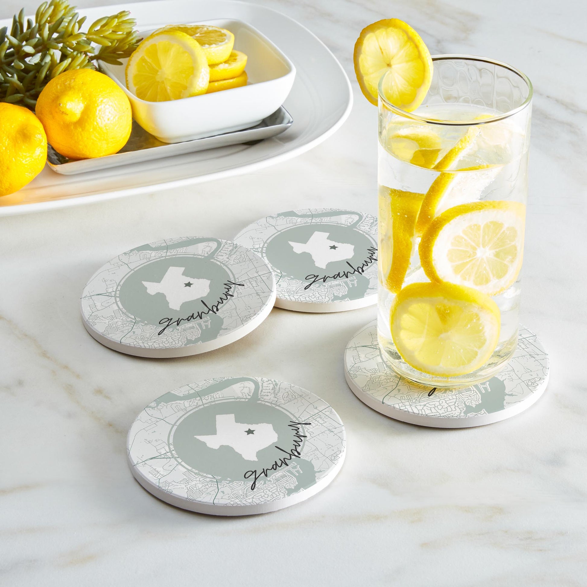 Ceramic Round Coaster 4-Set-Vintage Groove Granbury Texas -1