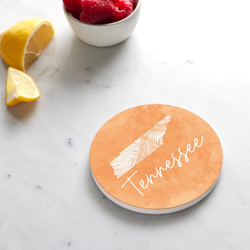 Ceramic Round Coaster-Orange Watercolor Tennessee -3