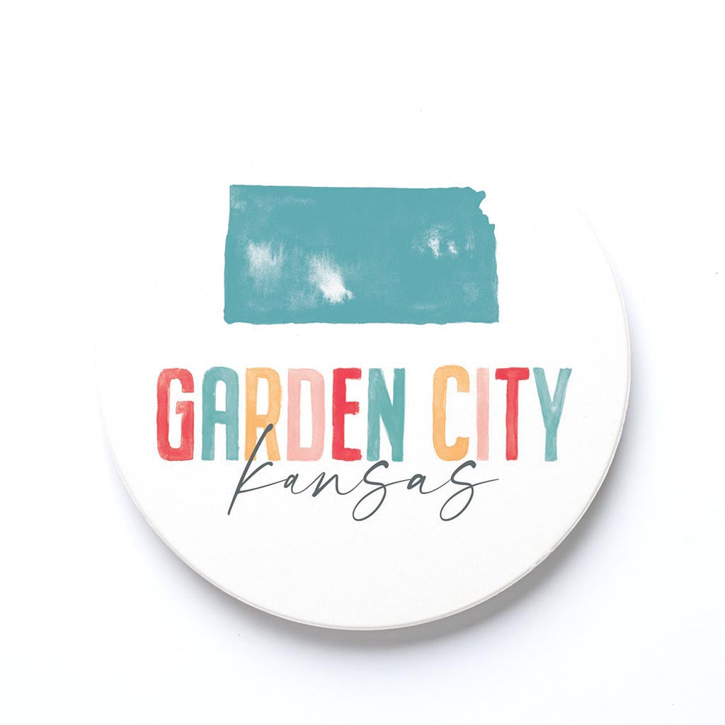 Ceramic Round Coaster-Watercolor City Garden City Kansas -0