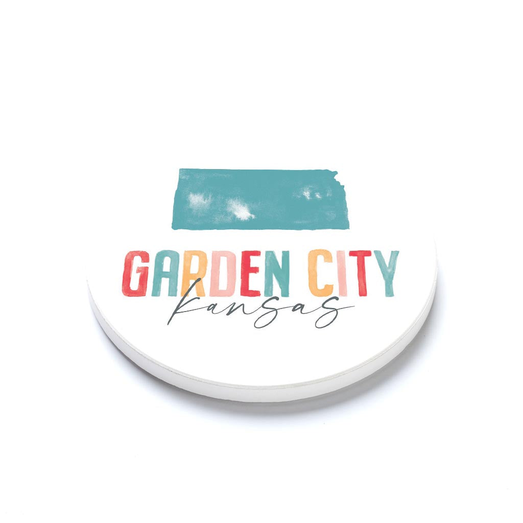 Ceramic Round Coaster-Watercolor City Garden City Kansas -1