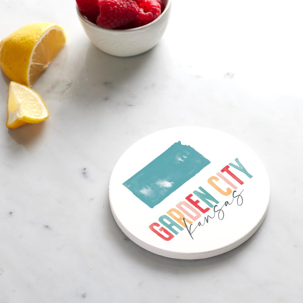 Ceramic Round Coaster-Watercolor City Garden City Kansas -3