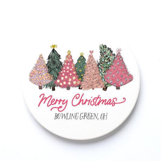 Ceramic Round Coaster-Pink Christmas Trees Bowling Green Ohio -0