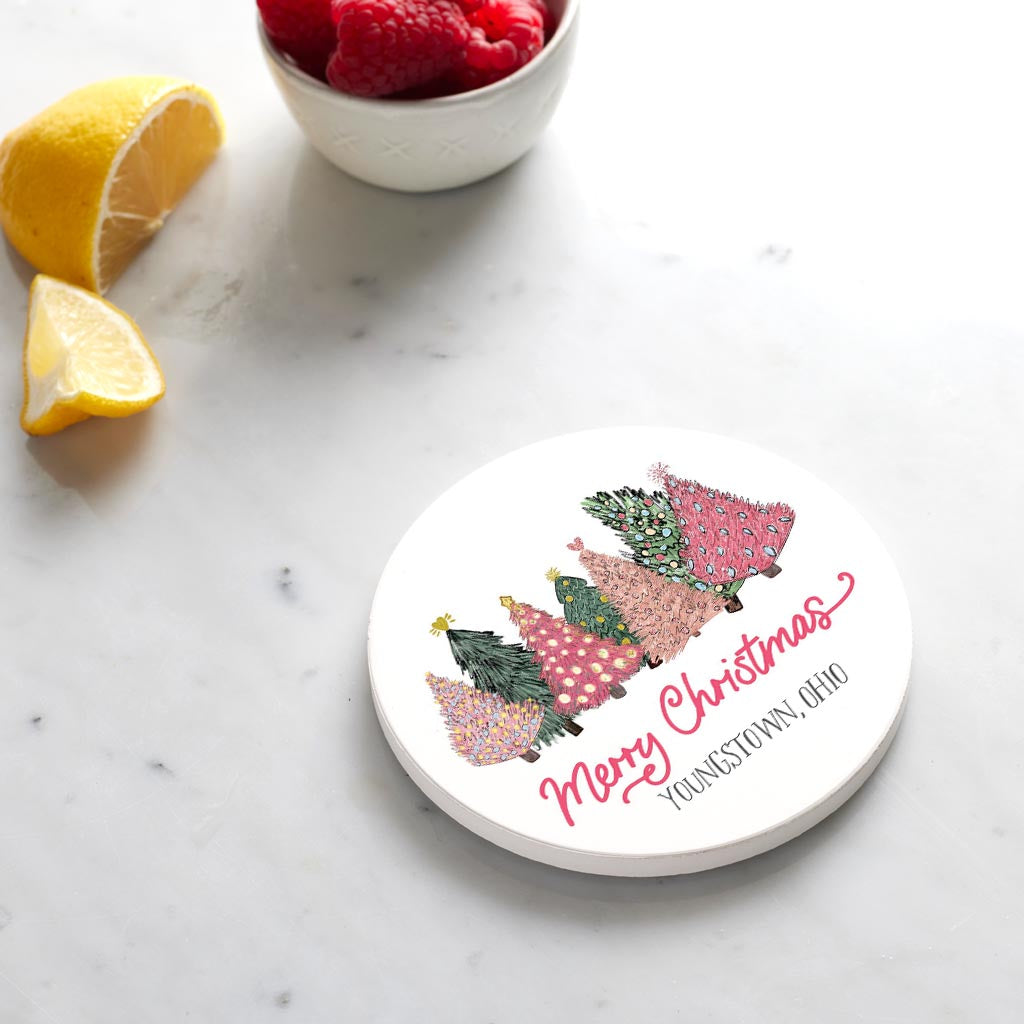 Ceramic Round Coaster-Pink Trees Youngstown Ohio