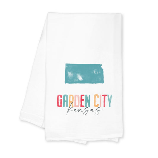 Cotton Tea Towel White-Watercolor City Garden City Kansas -0