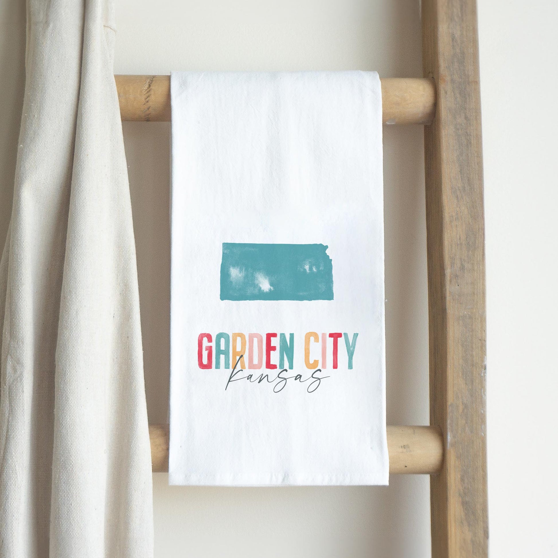 Cotton Tea Towel White-Watercolor City Garden City Kansas -2